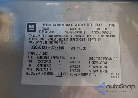 2008 Chevrolet Silverado 1500 Lt1 z USA, uszkodzony, nr VIN 3GCEC13J58G253166